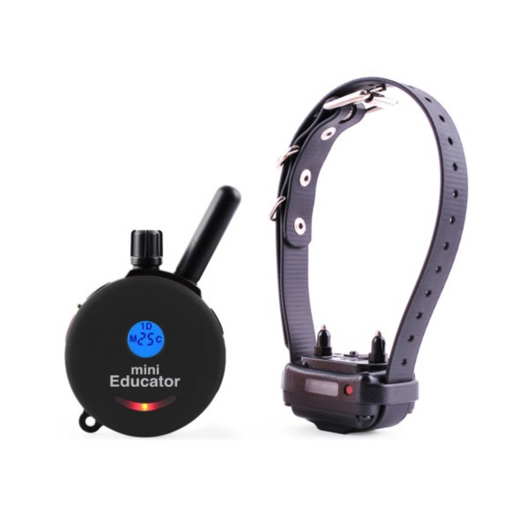 Mini Educator ET-300 black remote dog training collar by E-Collar Technologies, featuring a compact design, 1/2-mile range, and customizable stimulation levels for humane and effective training.